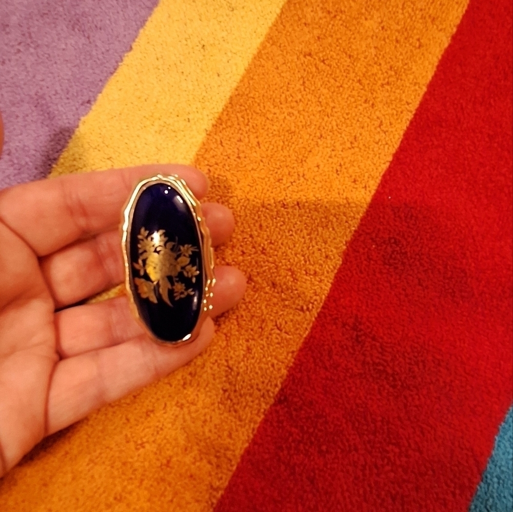 Blue Oval Mirror Ring Made in Japan Gold Tone - Picture 4 of 7